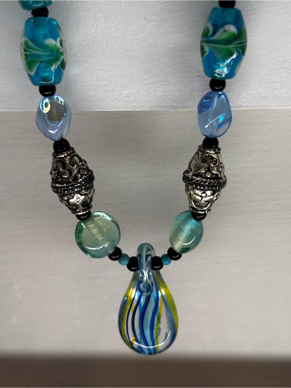 Artisan Glass Teardrop Pendant Necklace - Blue & Green